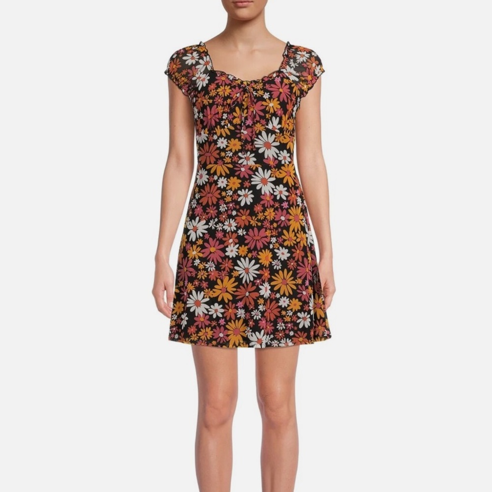 Floral Daisy Cap Puff Sleeves Mesh Lined Ruffle Mini Dress No Boundaries XXL 19